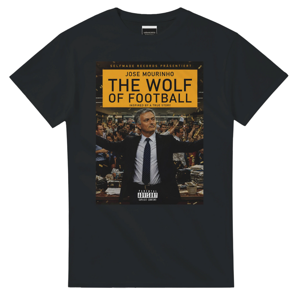 Black T-shirt with 'THE WOLF OF FOOTBALL' graphic print, short sleeves