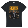 Black T-shirt with 'THE WOLF OF FOOTBALL' graphic print, short sleeves