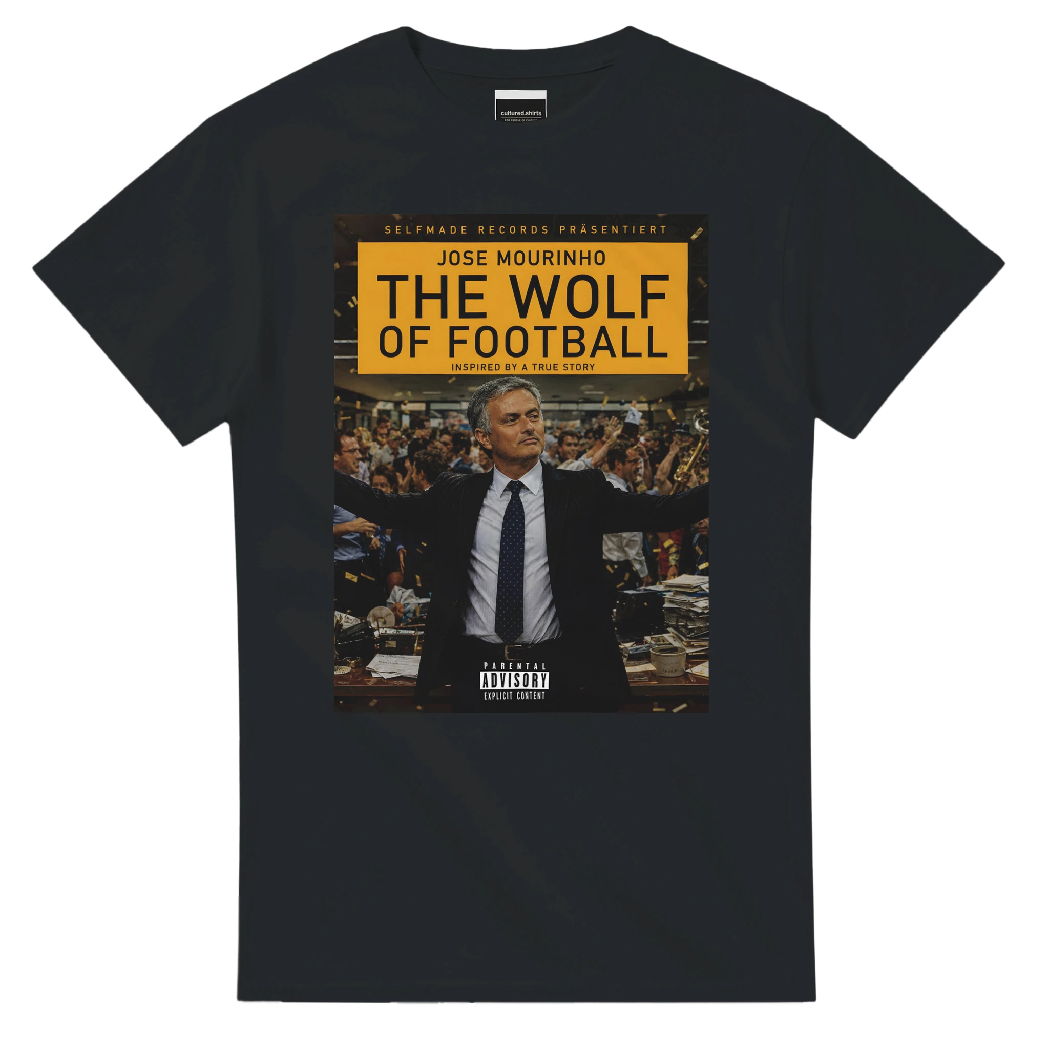Black T-shirt with 'THE WOLF OF FOOTBALL' graphic print, short sleeves