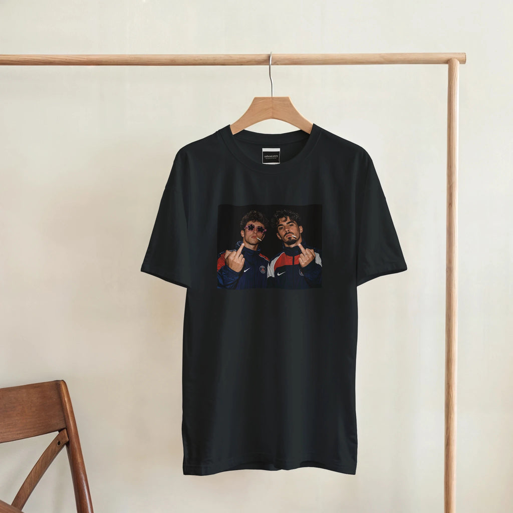 Black T-shirt hanging on a wooden rack with centered player graphic