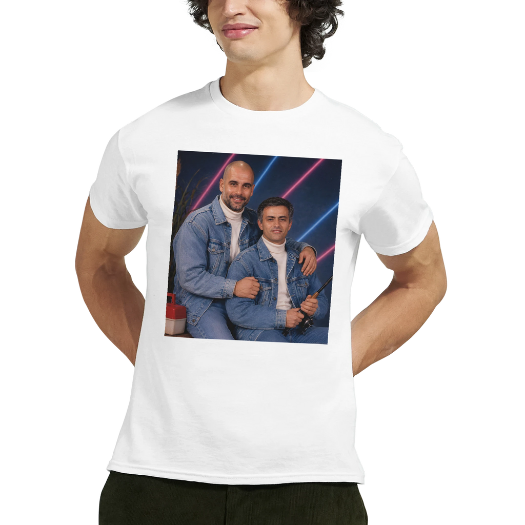 White crew-neck T-shirt with square portrait graphic on chest