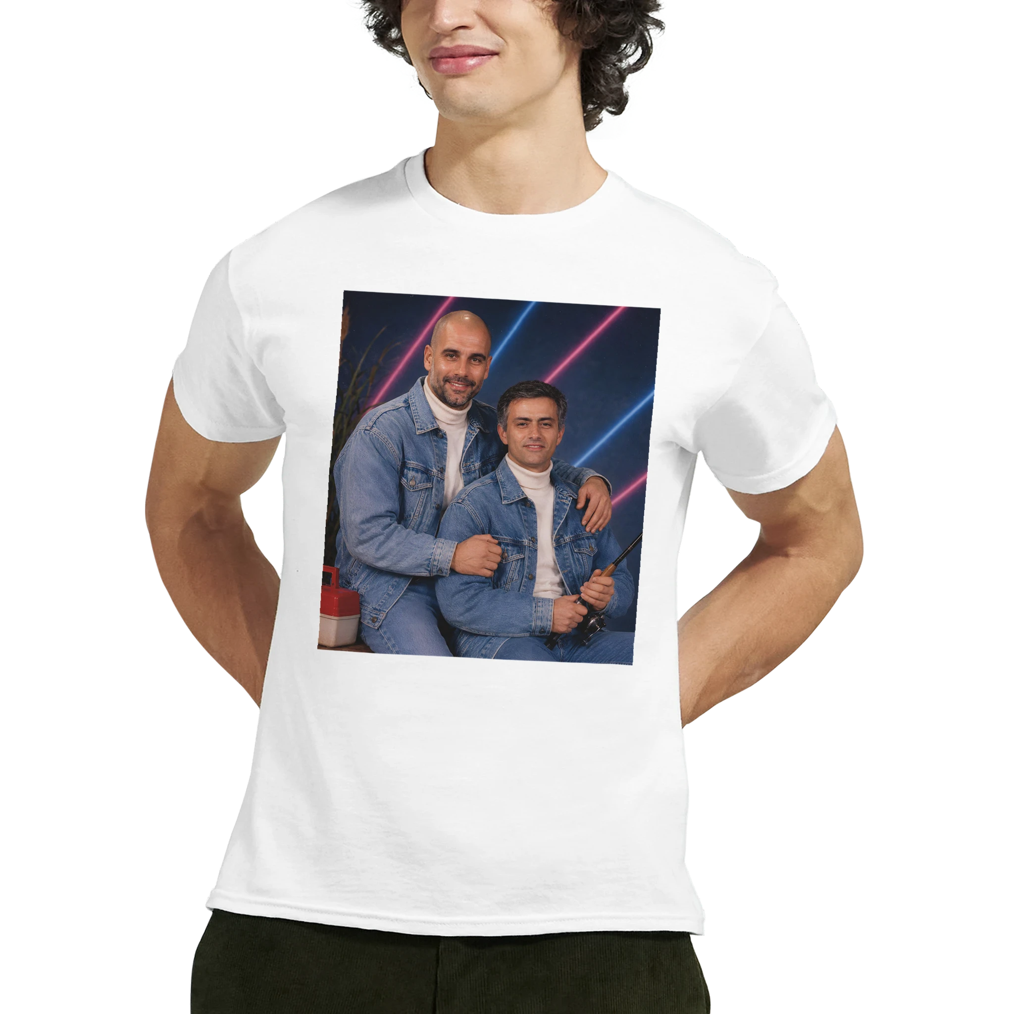White crew-neck T-shirt with square portrait graphic on chest