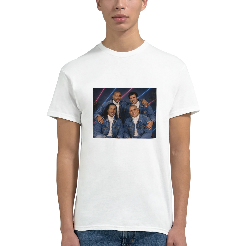 White crew-neck T-shirt with front photo-style square graphic, worn by model