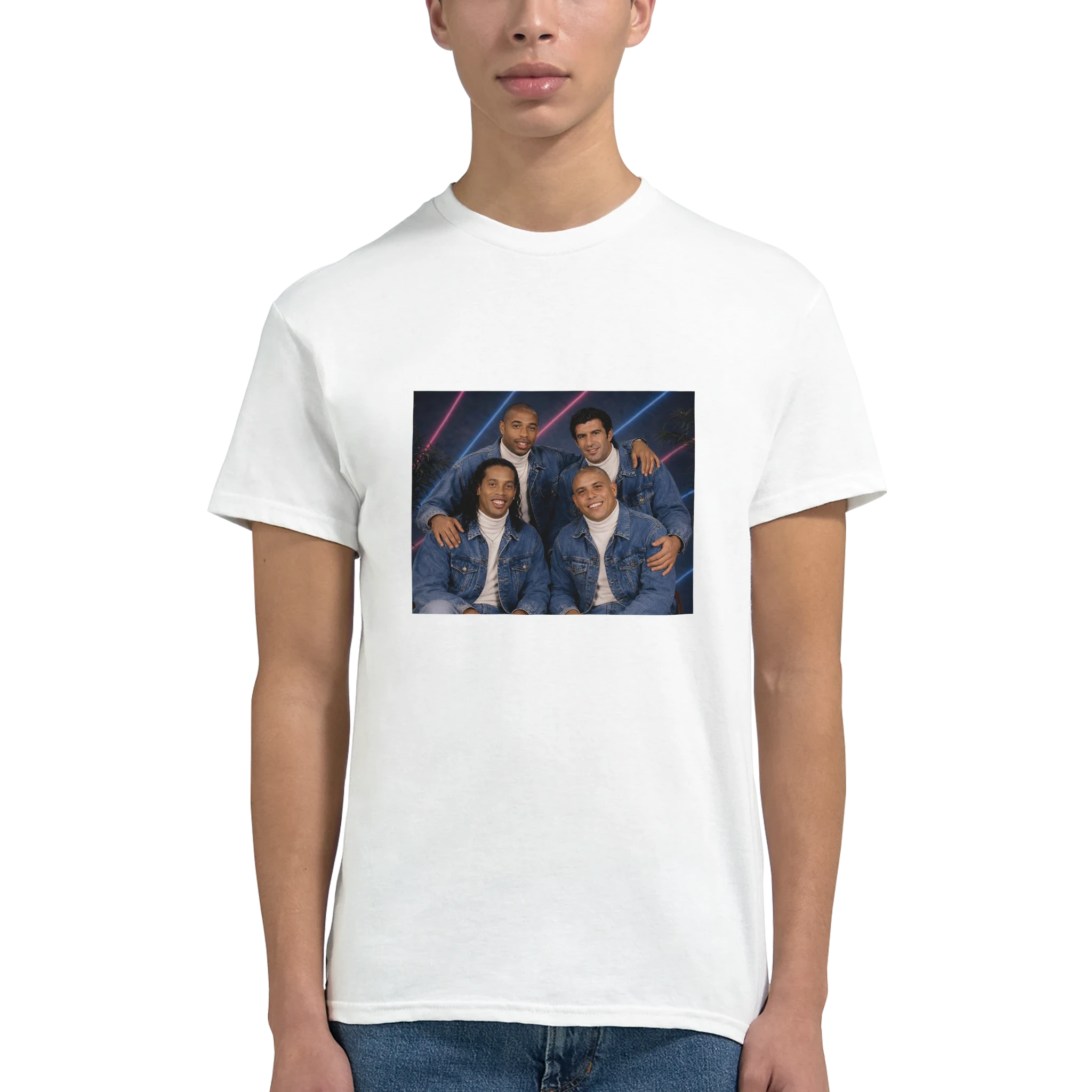 White crew-neck T-shirt with front photo-style square graphic, worn by model