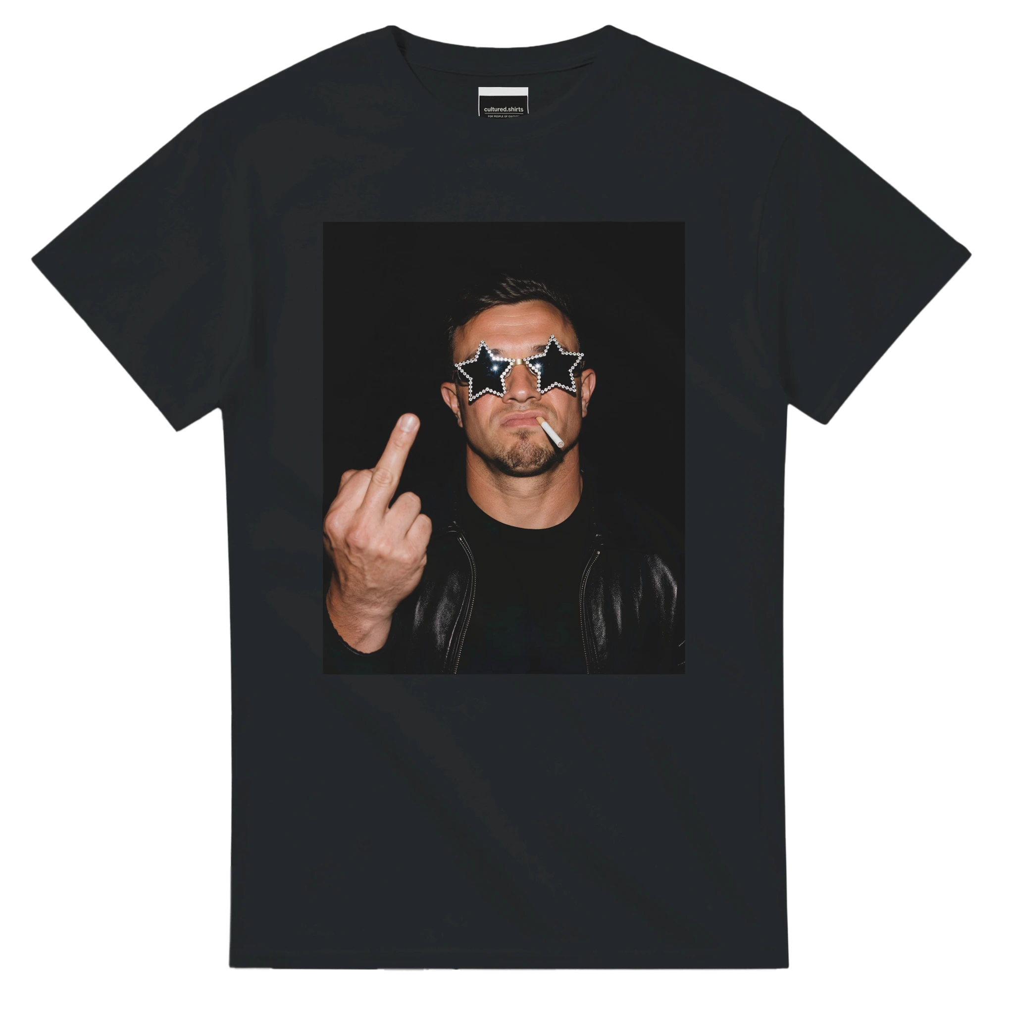 Men's black football T-shirt with front portrait graphic and star sunglasses