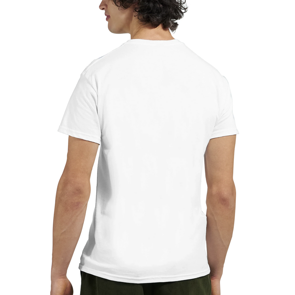 White crew-neck T-shirt back view, plain with no visible graphic