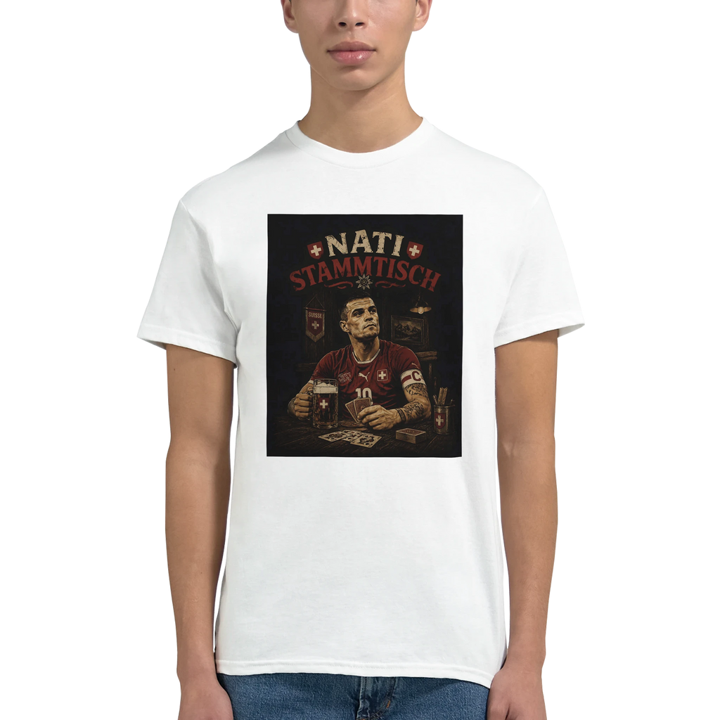 White T-shirt with centered square 'Nati Stammisch' graphic print on chest