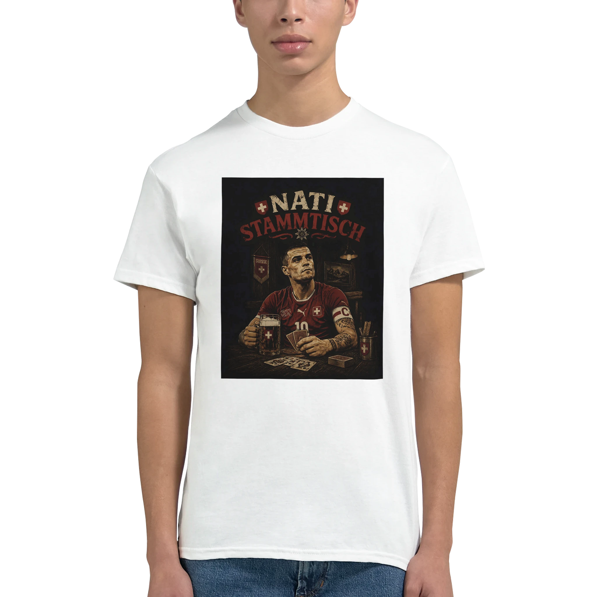 White T-shirt with centered square 'Nati Stammisch' graphic print on chest
