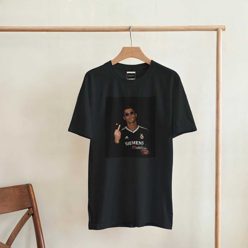 Black cotton T-shirt on a wooden hanger with front portrait graphic