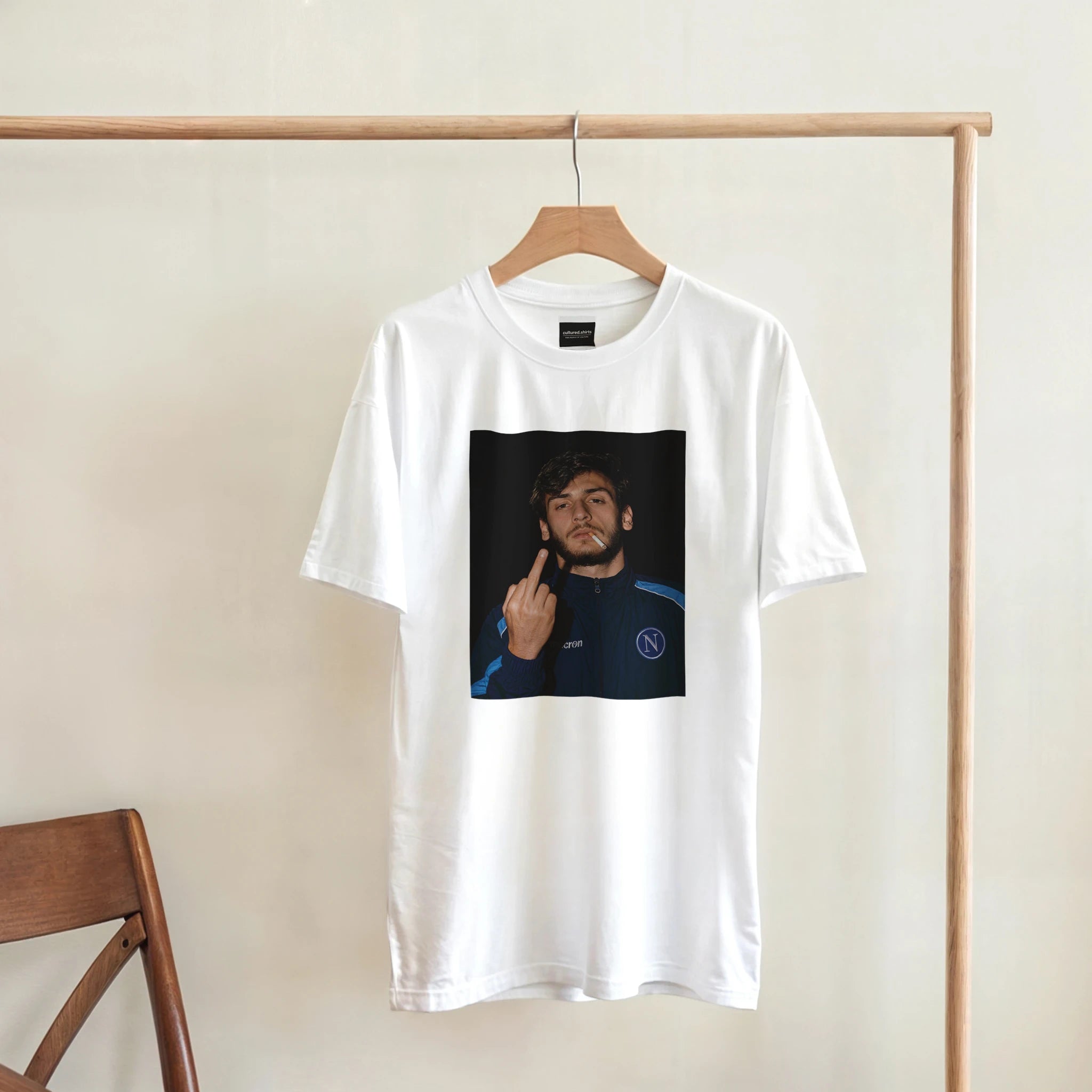 White crewneck T-shirt with centered square portrait fan art graphic