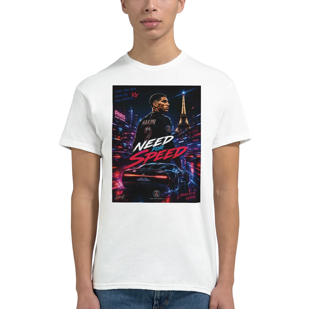 White T-shirt worn by model with front square graphic, crew neck, short sleeves