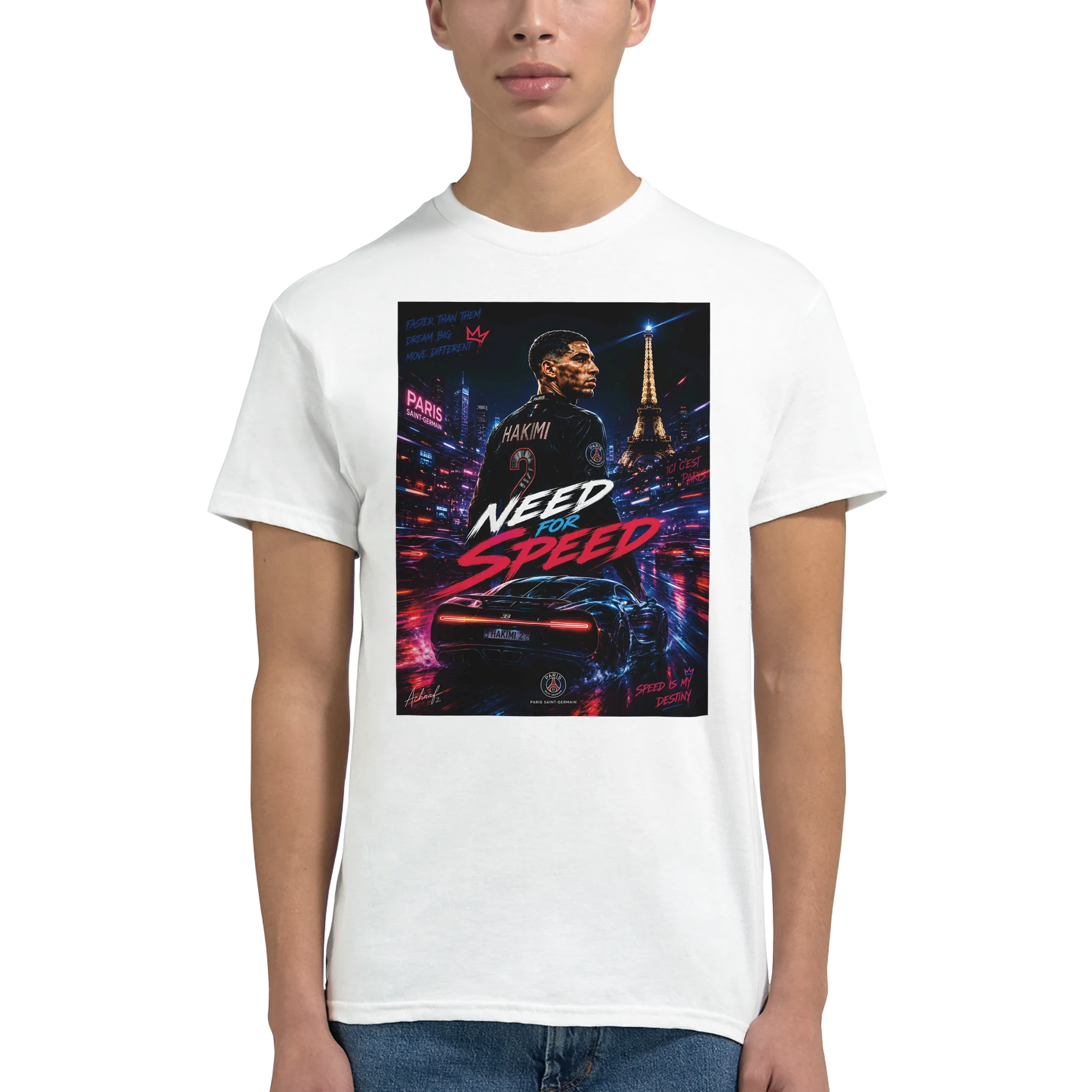 White T-shirt worn by model with front square graphic, crew neck, short sleeves