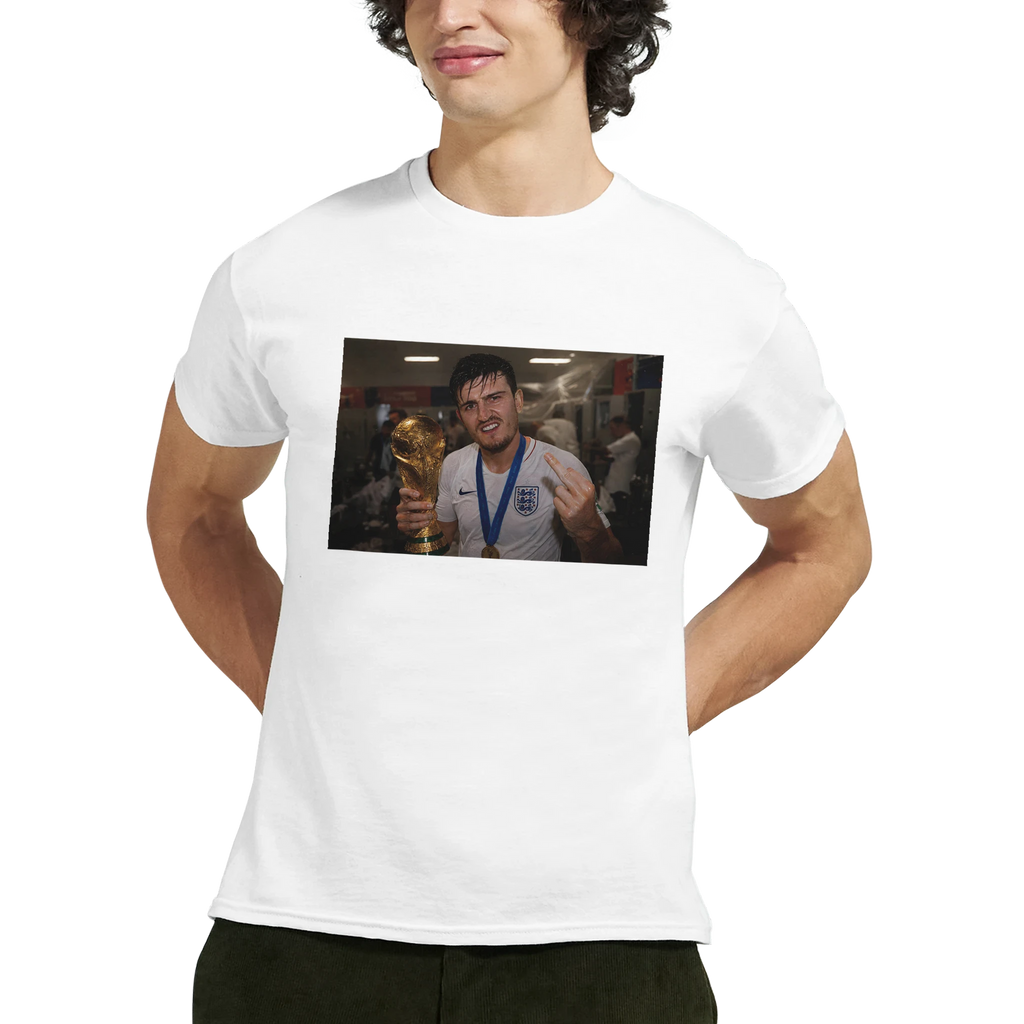 White crewneck T-shirt with front rectangular photo graphic, worn by model