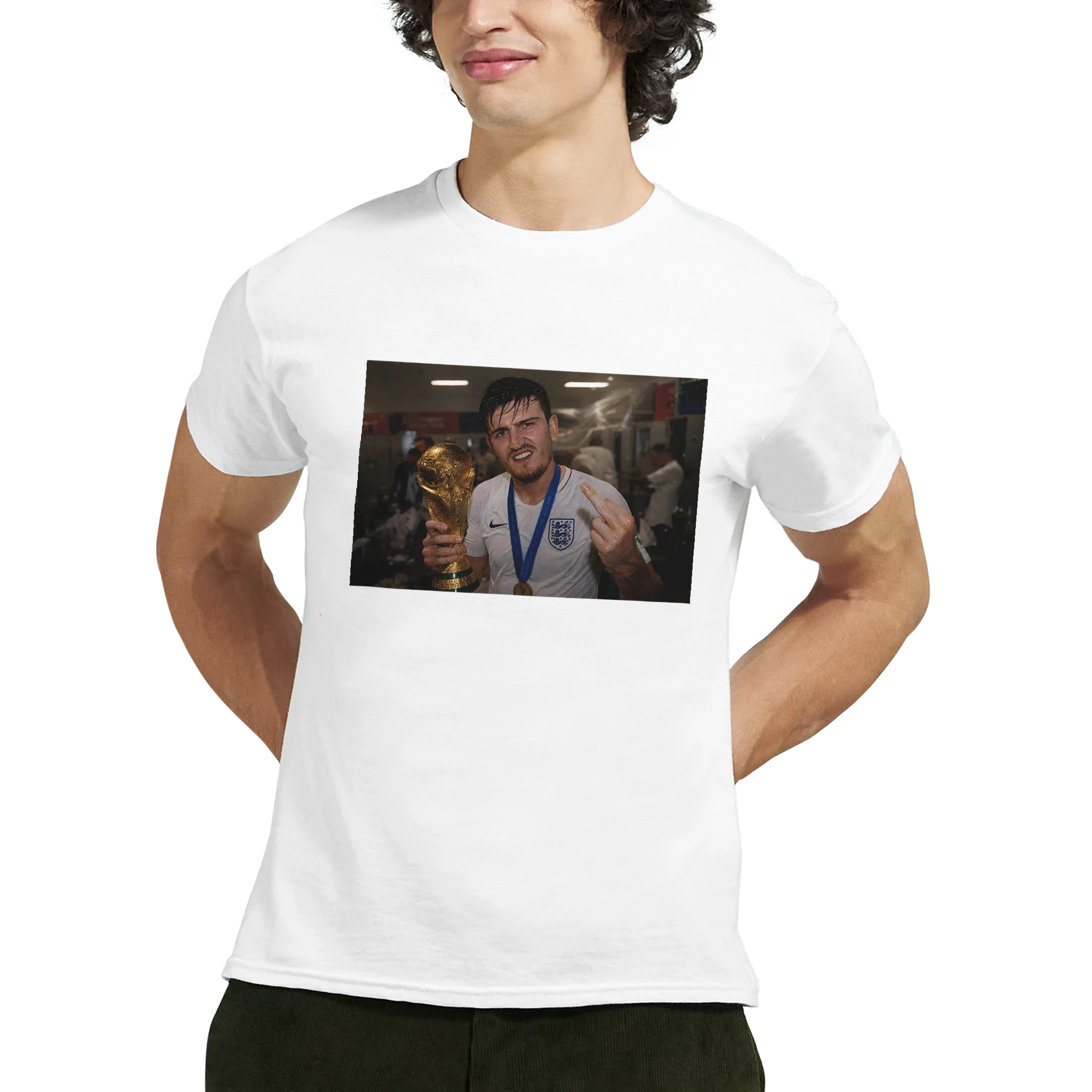 White crewneck T-shirt with front rectangular photo graphic, worn by model