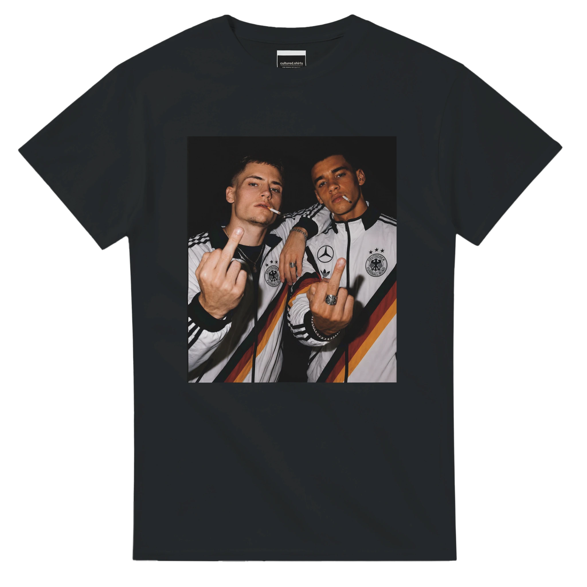 Black crewneck T-shirt with rectangular football player photo graphic on front