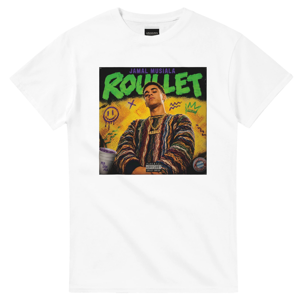 White crew-neck T-shirt with “ROULET” graphic portrait on the front