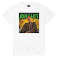 White crew-neck T-shirt with “ROULET” graphic portrait on the front