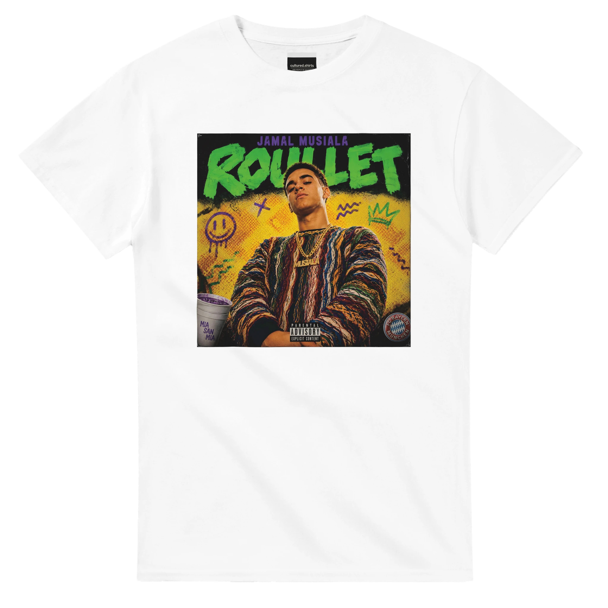 White crew-neck T-shirt with “ROULET” graphic portrait on the front