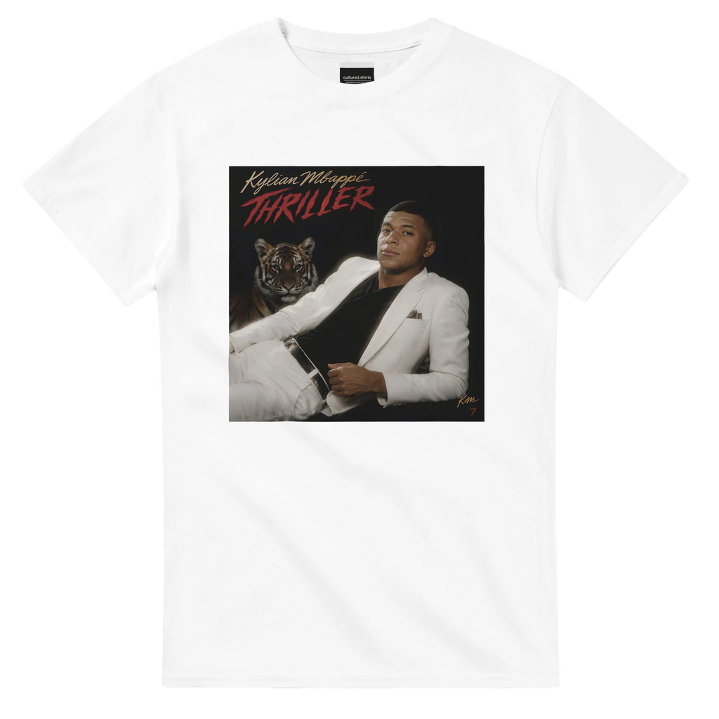White crew-neck T-shirt with square 'Thriller' graphic on chest