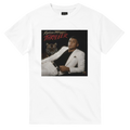 White crew-neck T-shirt with square 'Thriller' graphic on chest