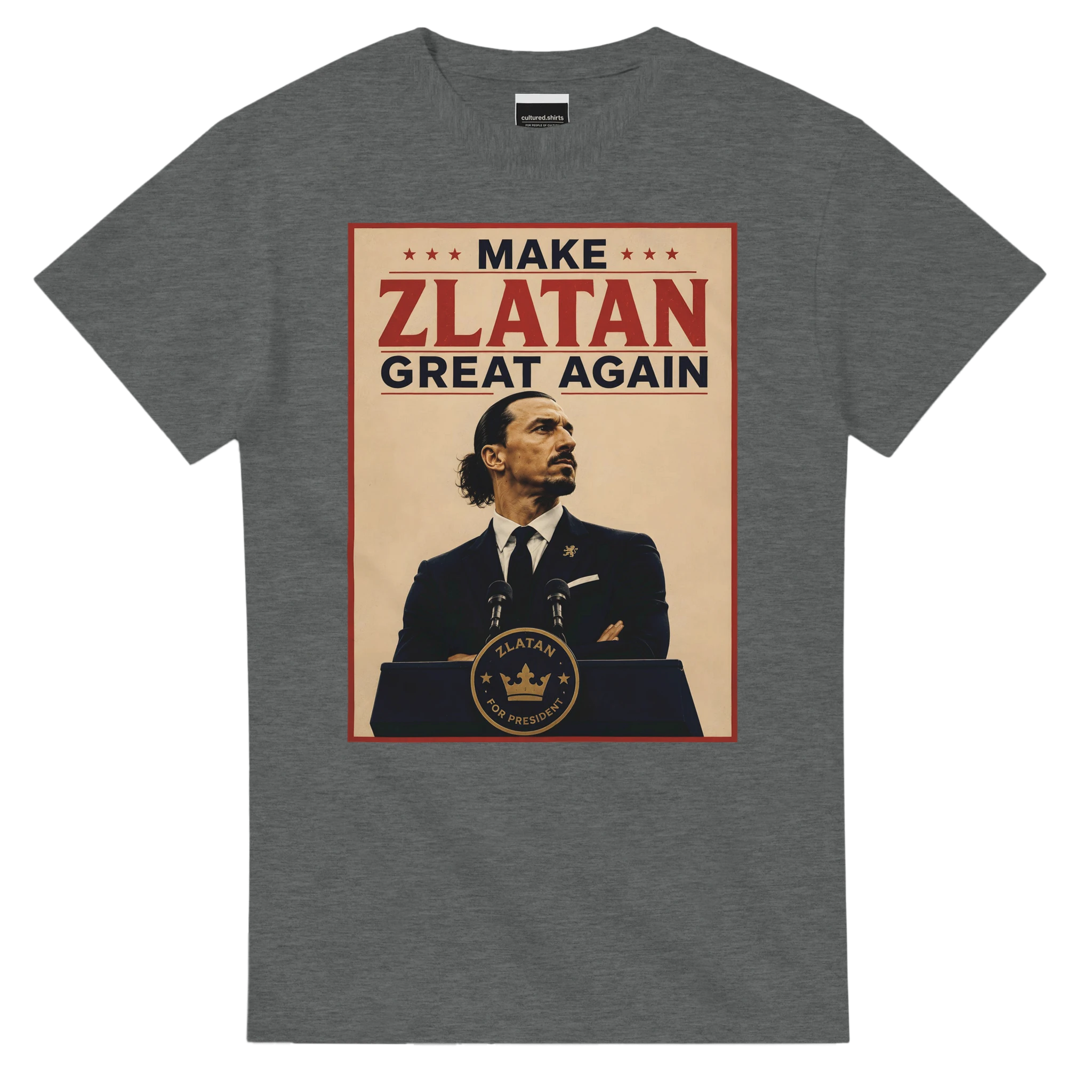 Graphite heather T-shirt with front graphic: “MAKE ZLATAN GREAT AGAIN”