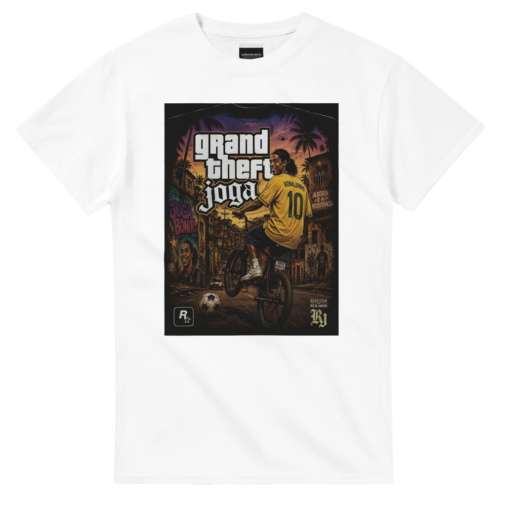 White crew-neck T-shirt with Grand Theft Joga graphic print on chest.