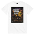White crew-neck T-shirt with Grand Theft Joga graphic print on chest.