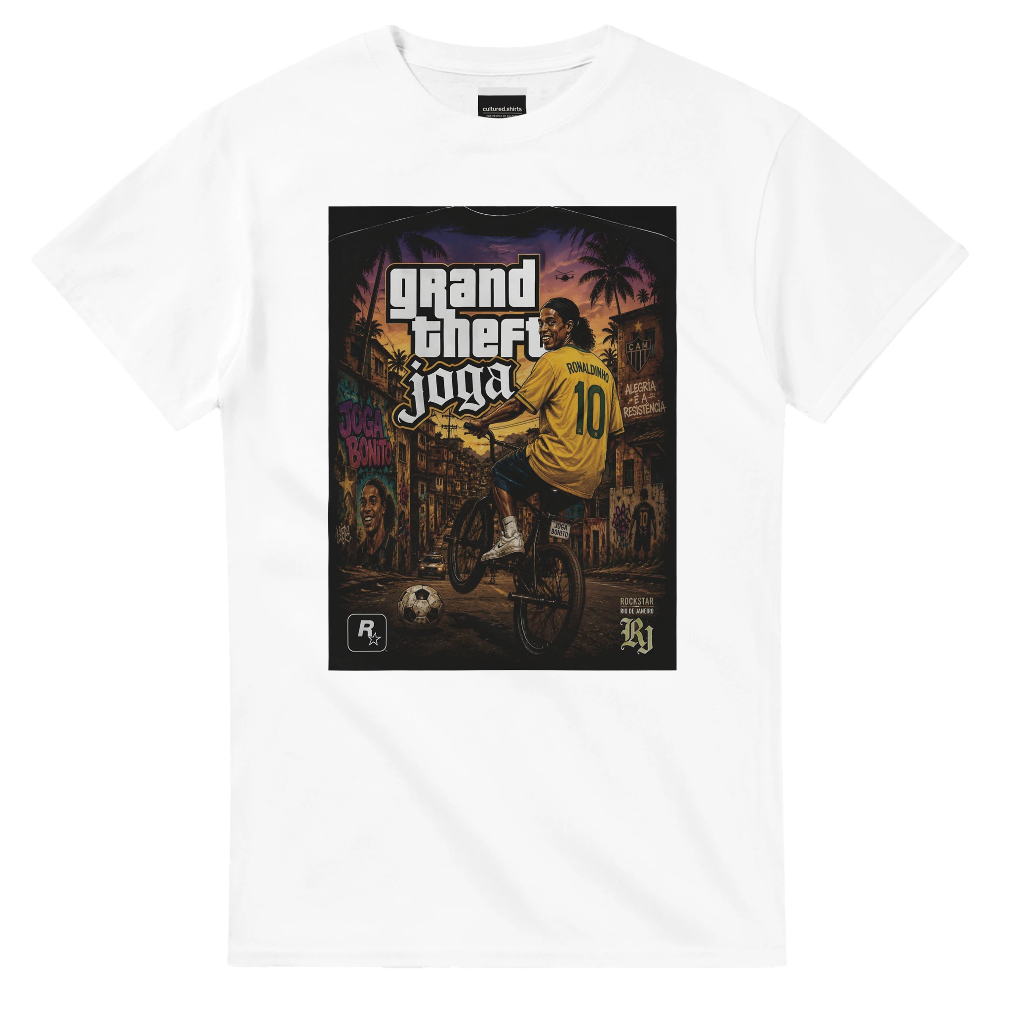 White crew-neck T-shirt with Grand Theft Joga graphic print on chest.