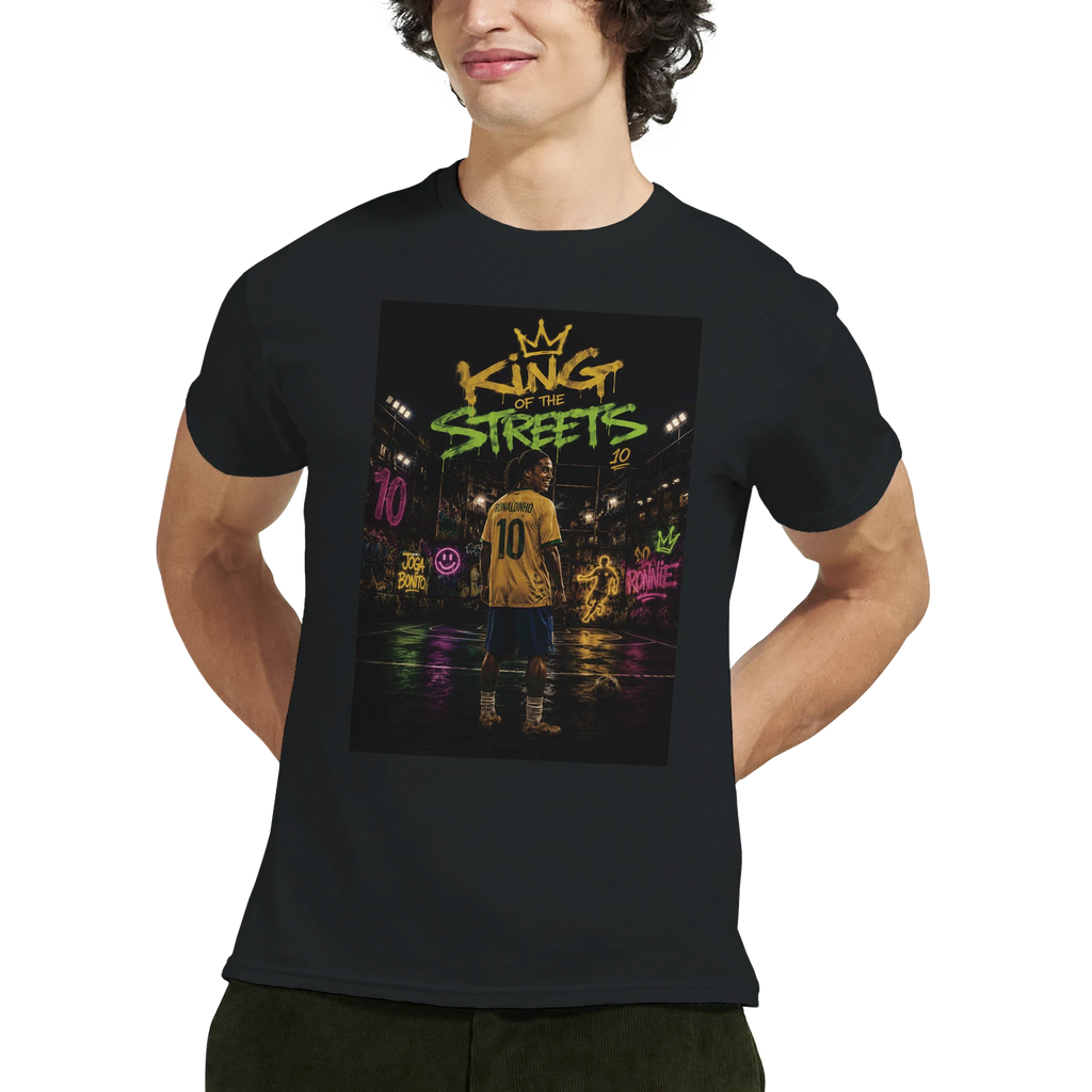 Black T-shirt front view with centered street football graphic print