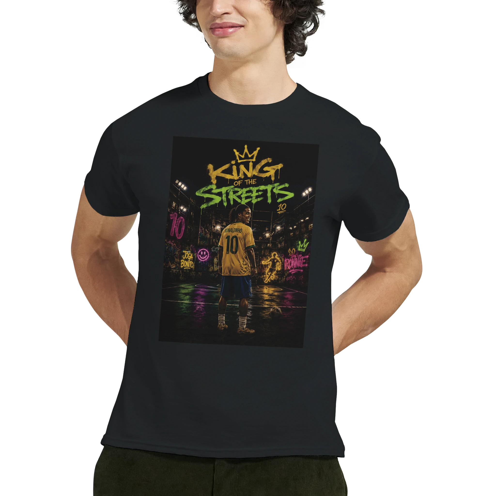 Black T-shirt front view with centered street football graphic print