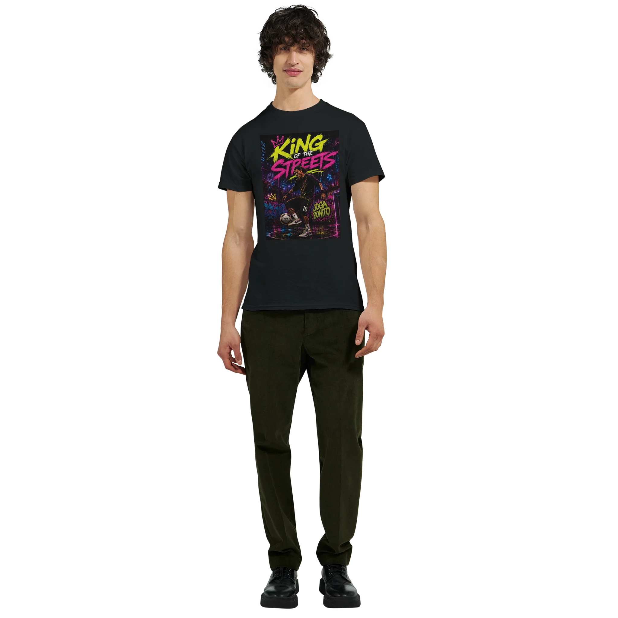 Black T-shirt with front graphic design, worn by model
