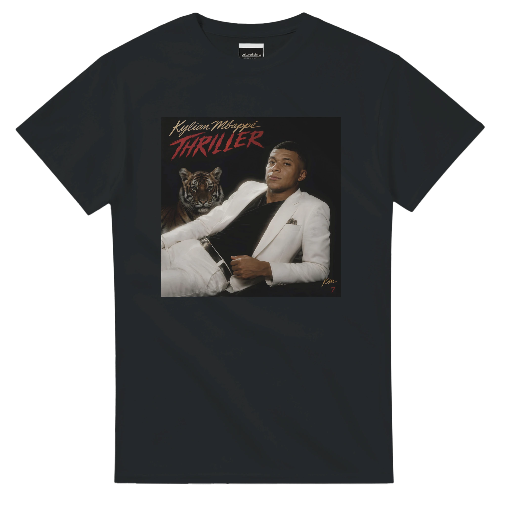 Black crew-neck T-shirt with square 'Thriller' graphic on chest