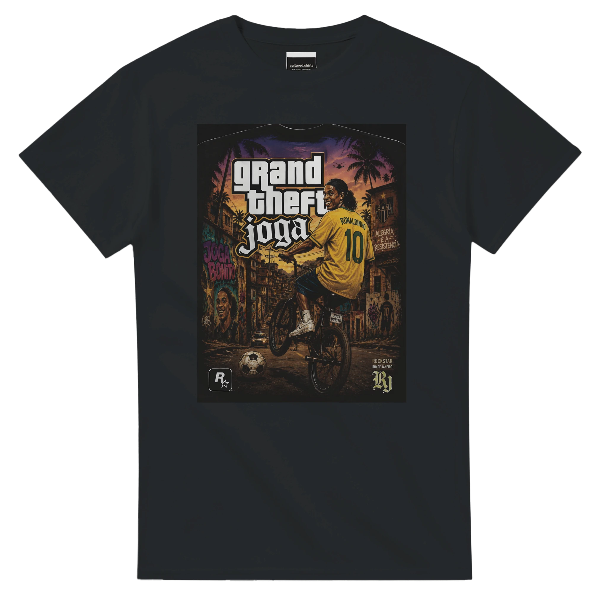 Black crew-neck T-shirt with Grand Theft Joga graphic print on chest.