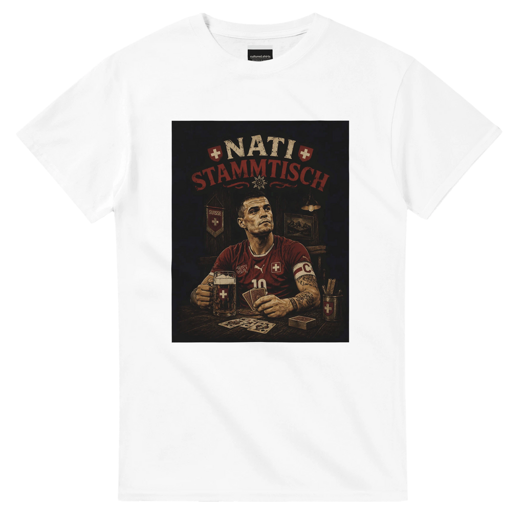 White T-shirt with square 'Nati Stammisch' graphic print on chest