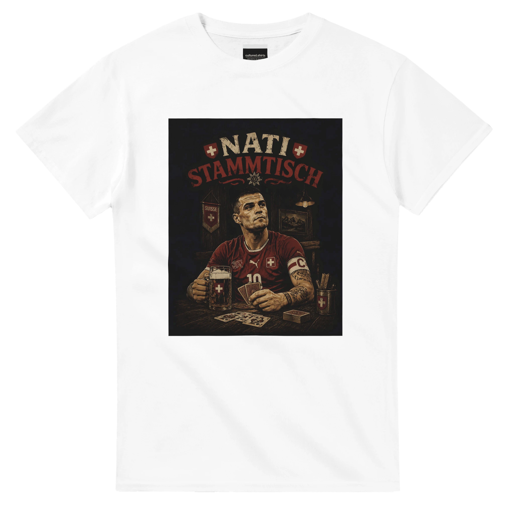 White T-shirt with square 'Nati Stammisch' graphic print on chest