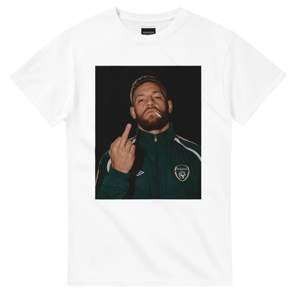 White crewneck T-shirt with centered portrait graphic of Conor McGregor making a finger gesture
