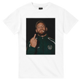 White crewneck T-shirt with centered portrait graphic of Conor McGregor making a finger gesture