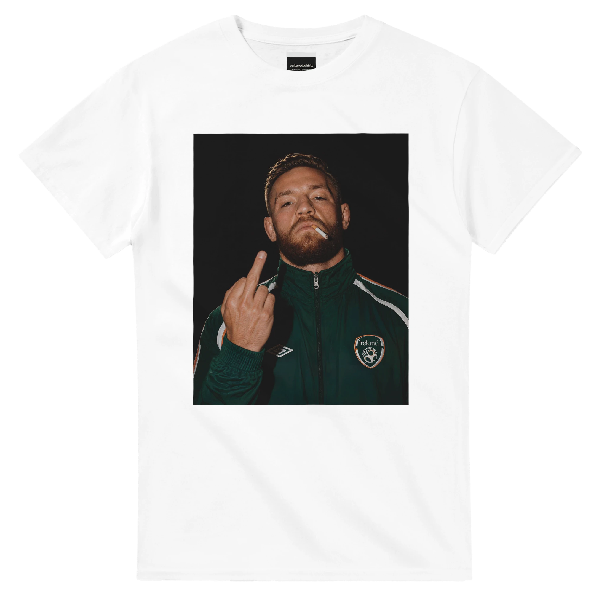 White crewneck T-shirt with centered portrait graphic of Conor McGregor making a finger gesture