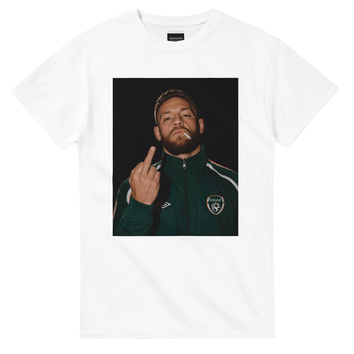 White crewneck T-shirt with centered portrait graphic of Conor McGregor making a finger gesture