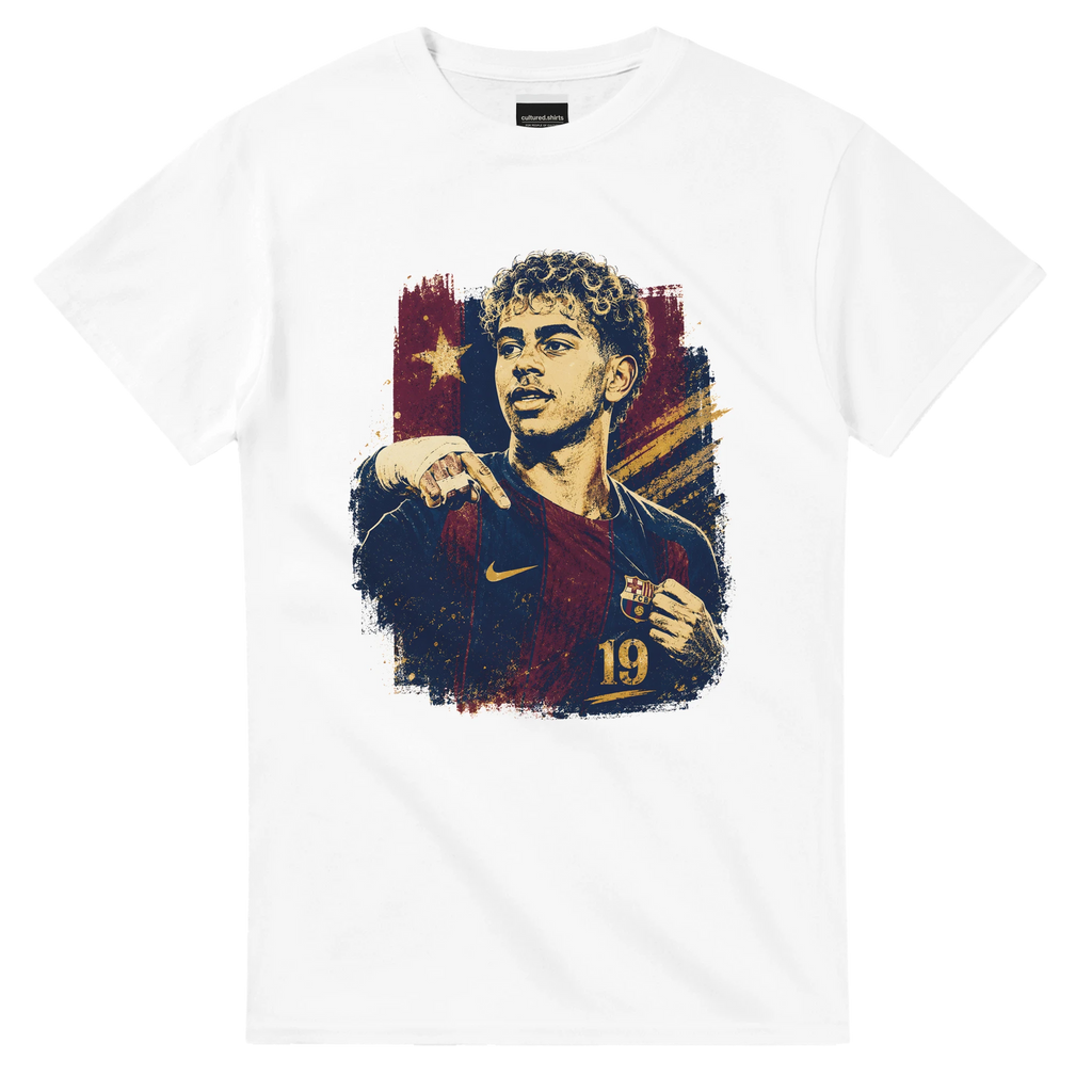 White T-shirt with Lamine portrait graphic and stars on the chest