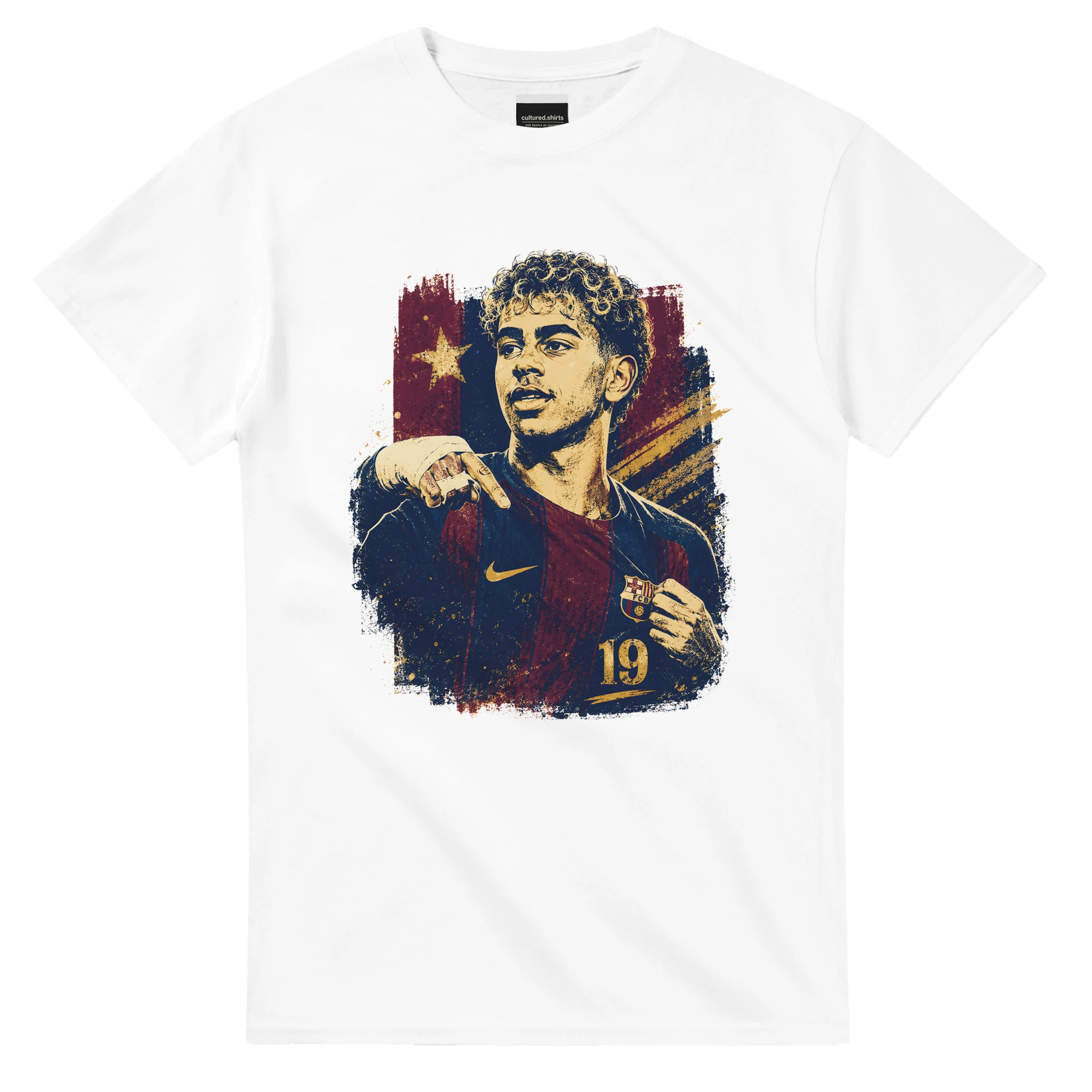 White T-shirt with Lamine portrait graphic and stars on the chest