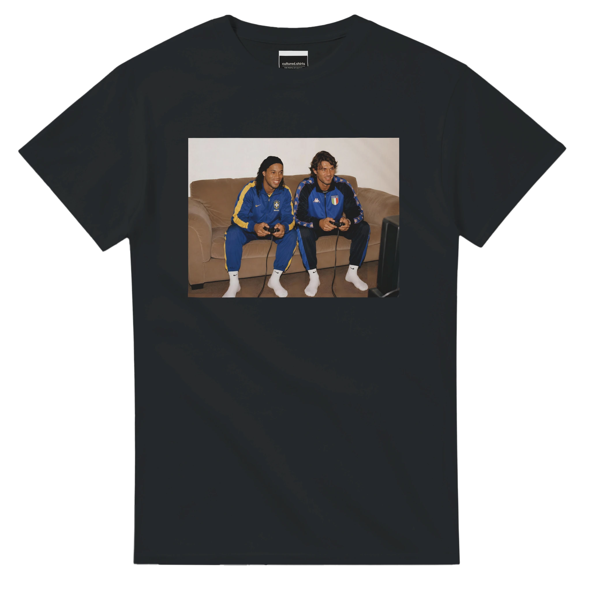 Dark crew-neck T-shirt with rectangular photo-style player graphic on the chest.