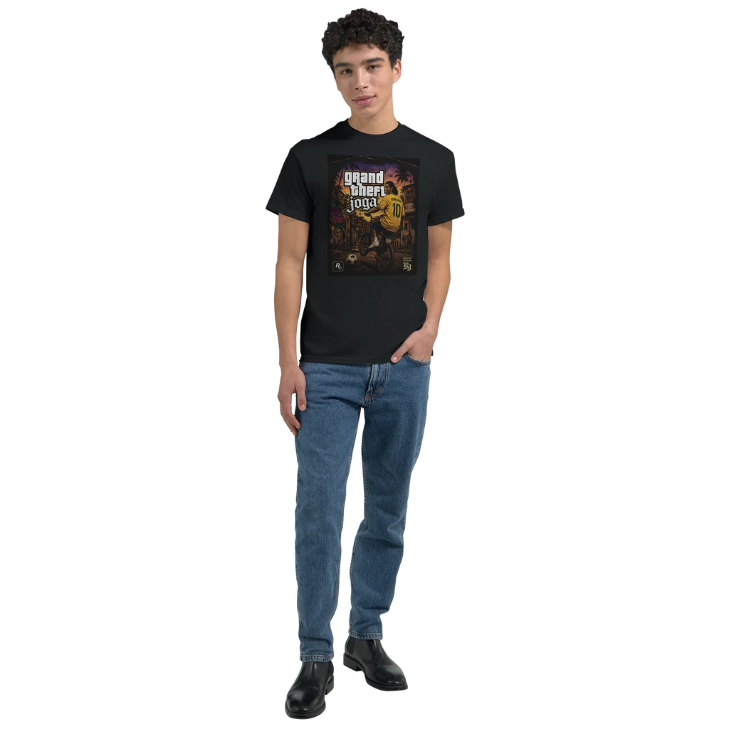 Black crew-neck T-shirt worn by model, Grand Theft Joga chest graphic.