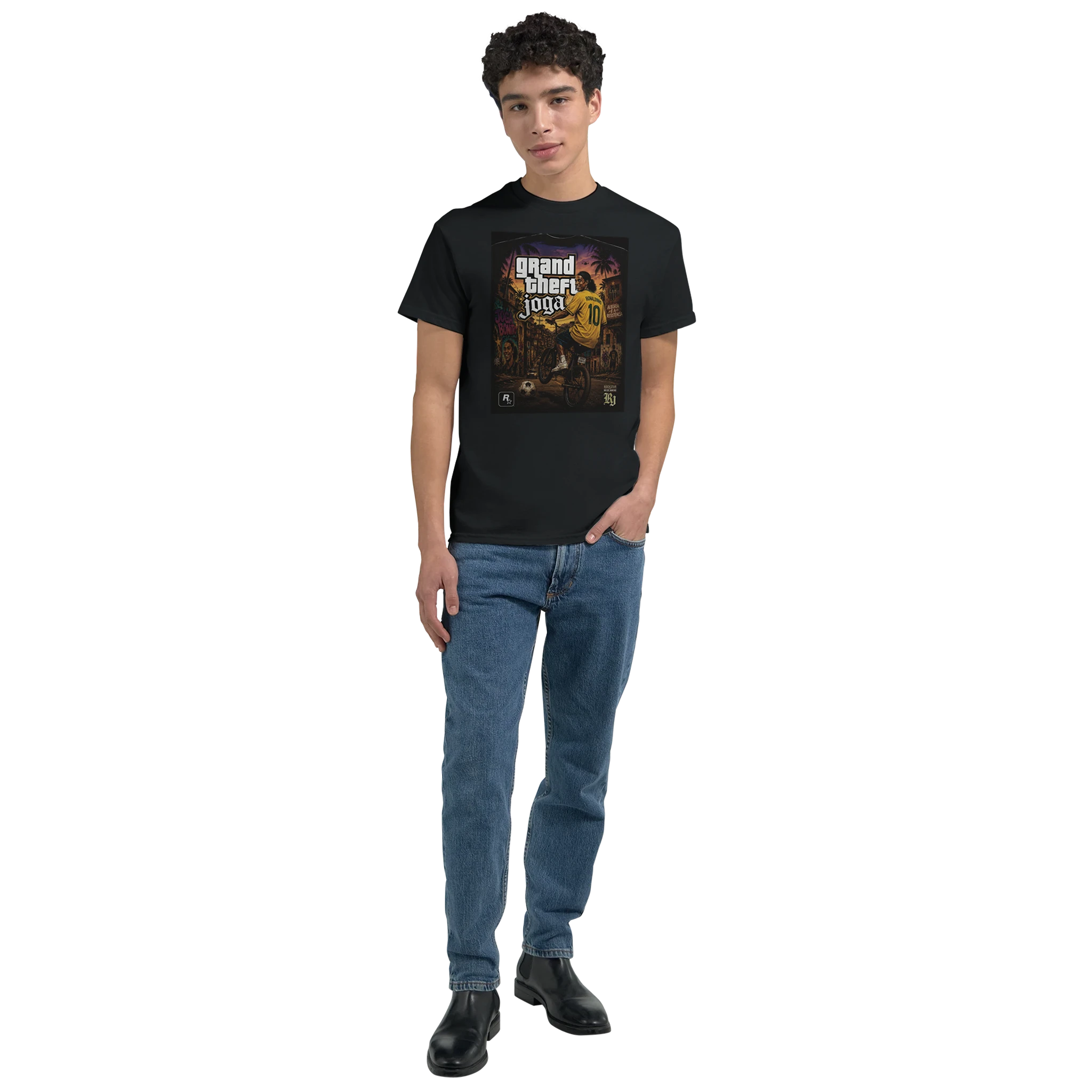 Black crew-neck T-shirt worn by model, Grand Theft Joga chest graphic.