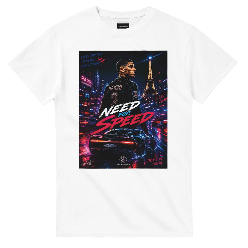 White T-shirt with square street-city graphic and “Need for Speed” text