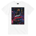 White T-shirt with square street-city graphic and “Need for Speed” text