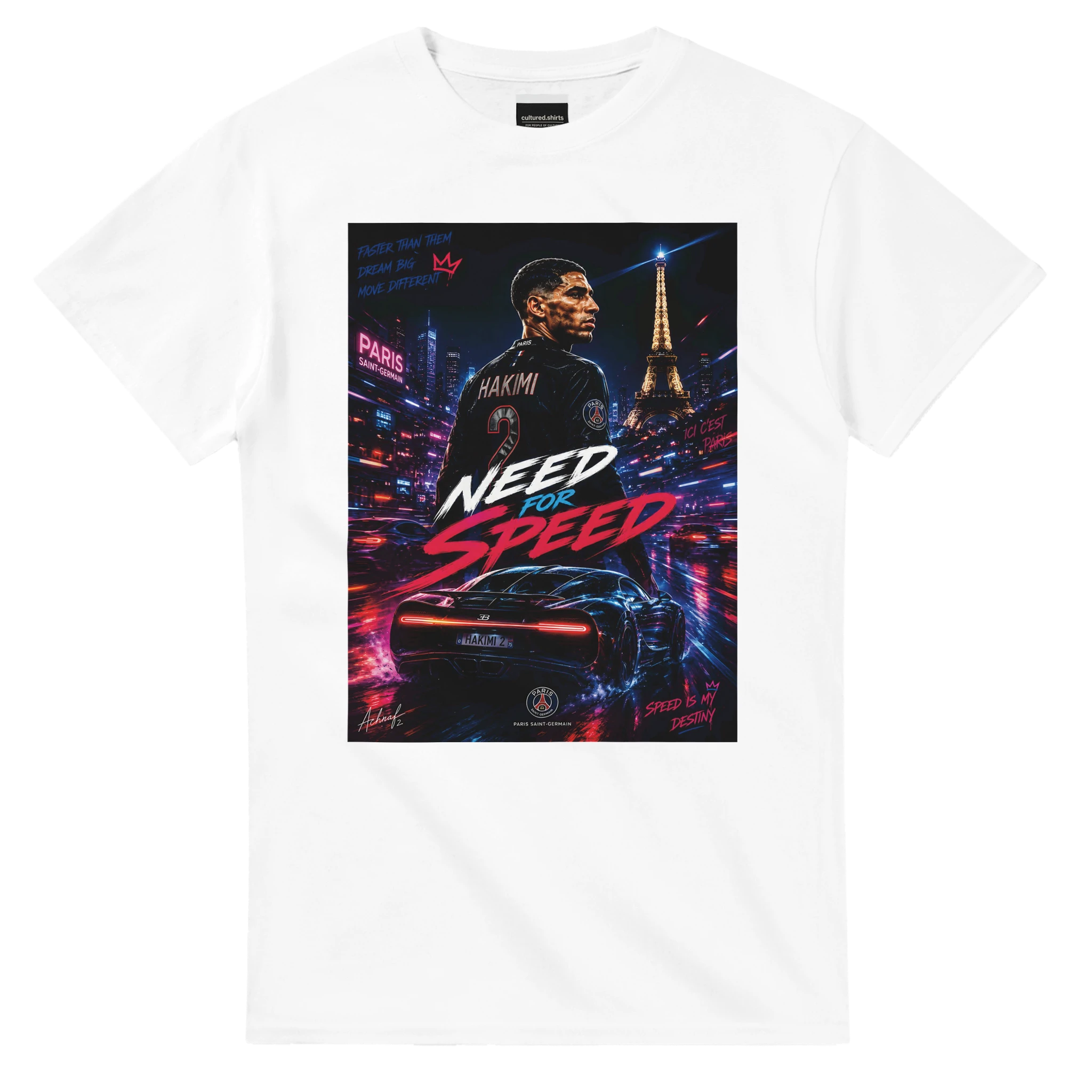 White T-shirt with square street-city graphic and “Need for Speed” text