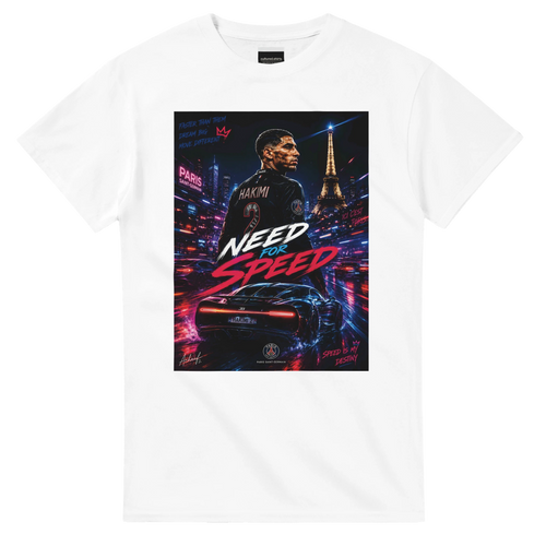 White T-shirt with square street-city graphic and “Need for Speed” text