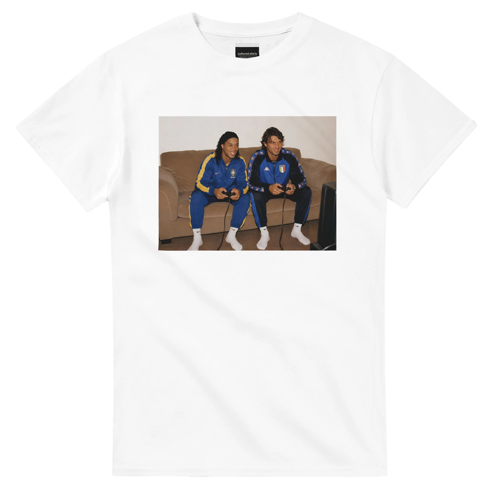 White crew-neck T-shirt with rectangular photo-style player graphic on the chest.