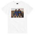 White crew-neck T-shirt with rectangular photo-style player graphic on the chest.